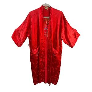 Vintage Silver Lake Robe Embroidered Satin Kimono Loungewear One Size Red